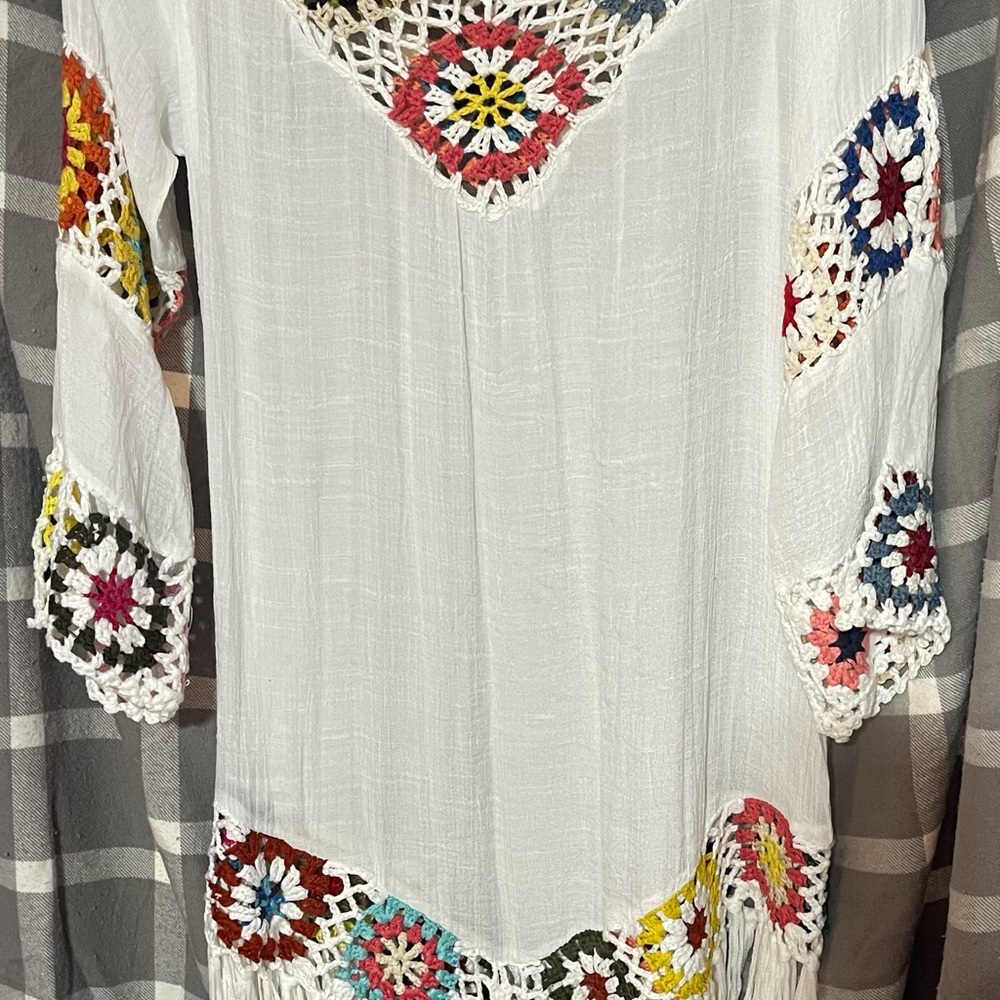 White Crochet Swim Coverup with Multicolor Accents